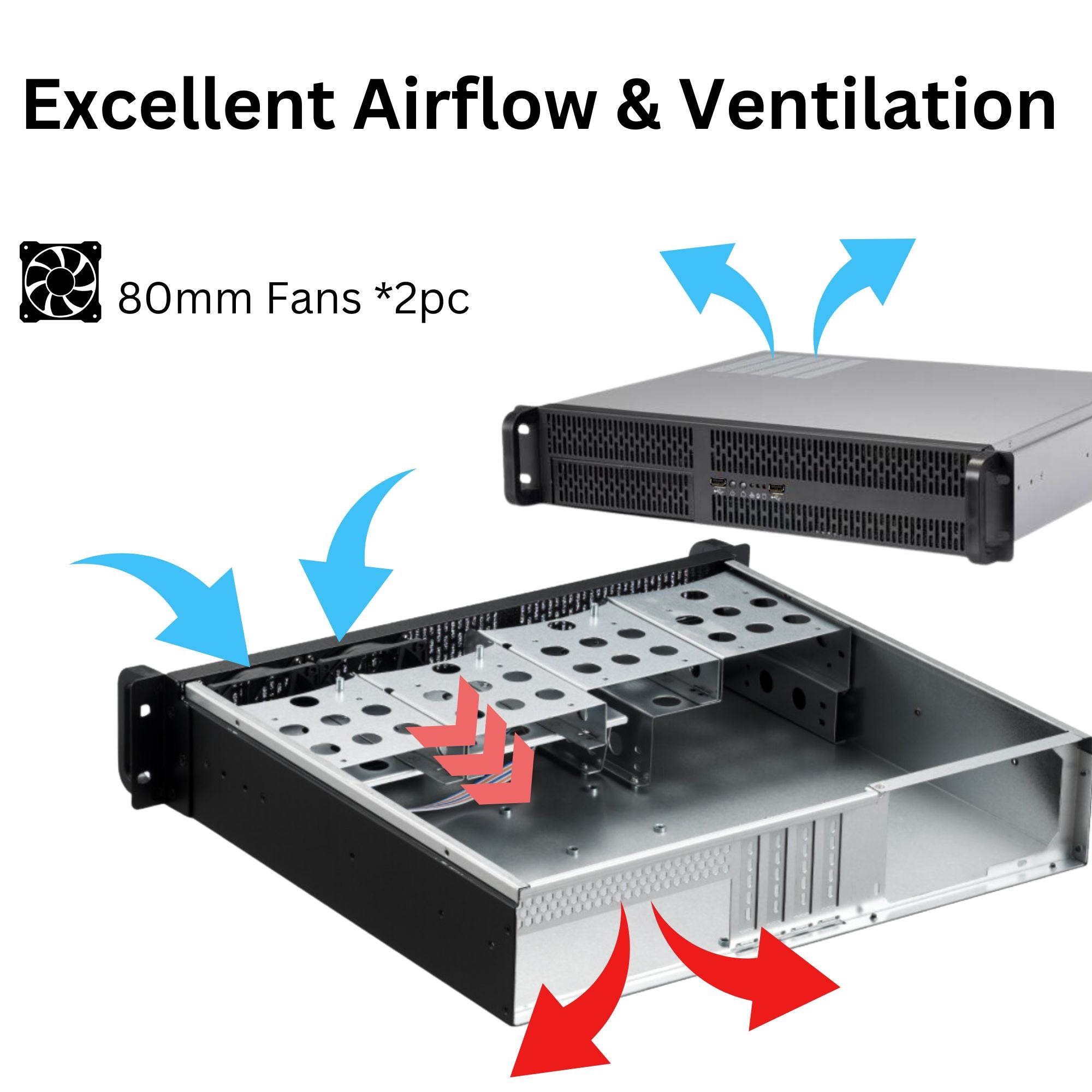 RackOwol 2U Server Chassis Case, 4x 3.5"/2.5" HDD Bay, 1x 5.25" Device, Micro-ATX Motherboard Support ; Fans: Rear 2x 80mm, Size: 16.9"x3.5"x15.0"