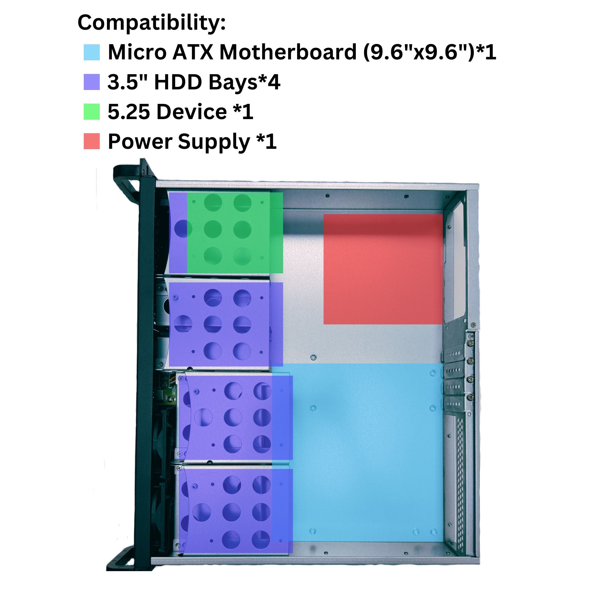 RackOwol 2U Server Chassis Case, 4x 3.5"/2.5" HDD Bay, 1x 5.25" Device, Micro-ATX Motherboard Support ; Fans: Rear 2x 80mm, Size: 16.9"x3.5"x15.0"