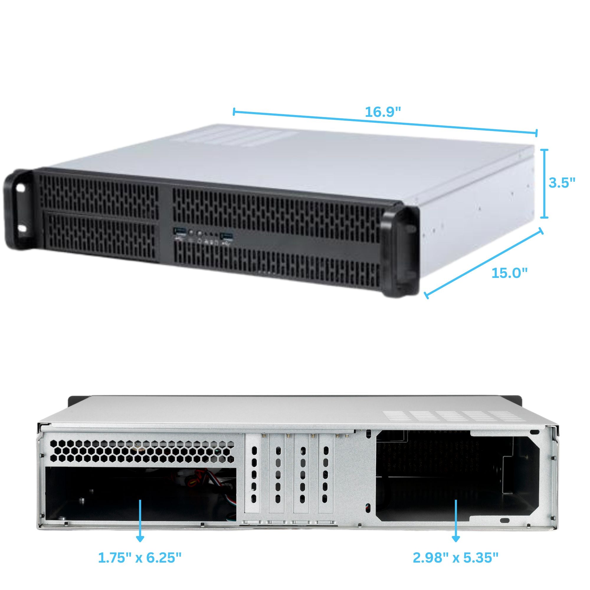 RackOwol 2U Server Chassis Case, 4x 3.5"/2.5" HDD Bay, 1x 5.25" Device, Micro-ATX Motherboard Support ; Fans: Rear 2x 80mm, Size: 16.9"x3.5"x15.0"