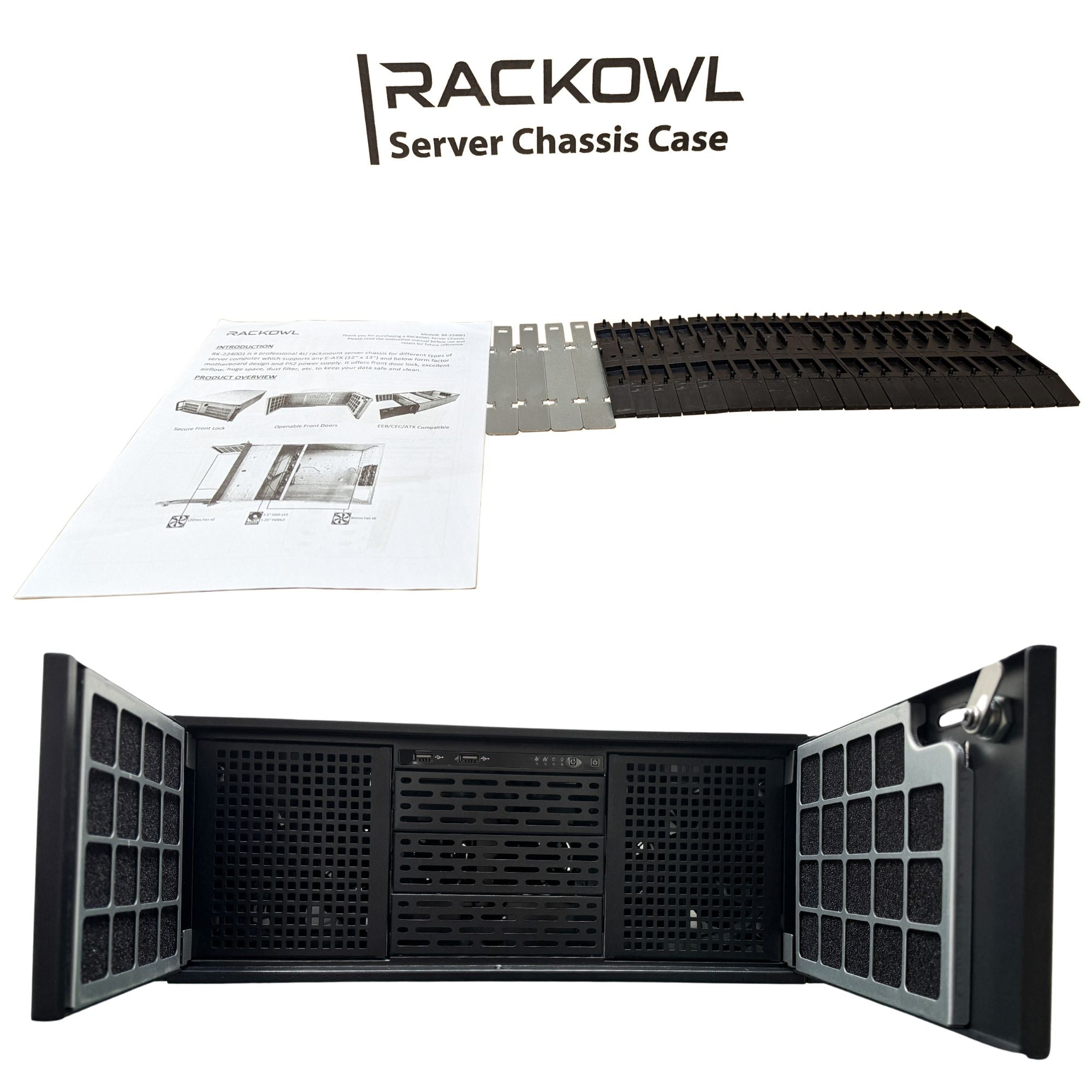 RackOwl 4U Rackmount Server Chassis Case; 13x HDD Bays (10* 3.5" & 3* 5.25"), E-ATX/ CEB/ EEB/ ATX Mobo, Fan: Front 2* 120mm, Mid 4* 80mm, Rear 2* 80mm, Front Panel Lock